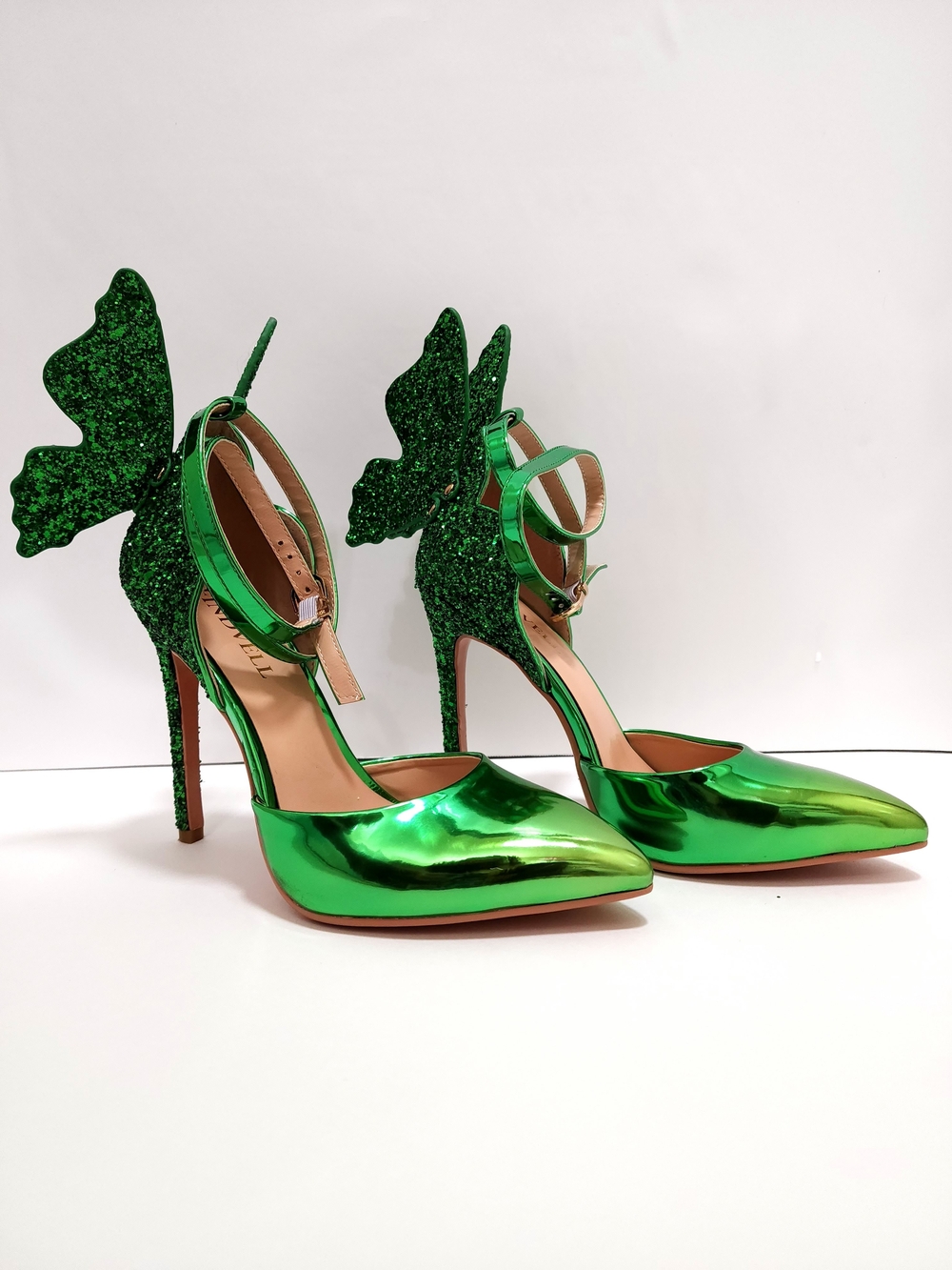 Green Metallic Butterfly Wing Ankle-Strap Heels